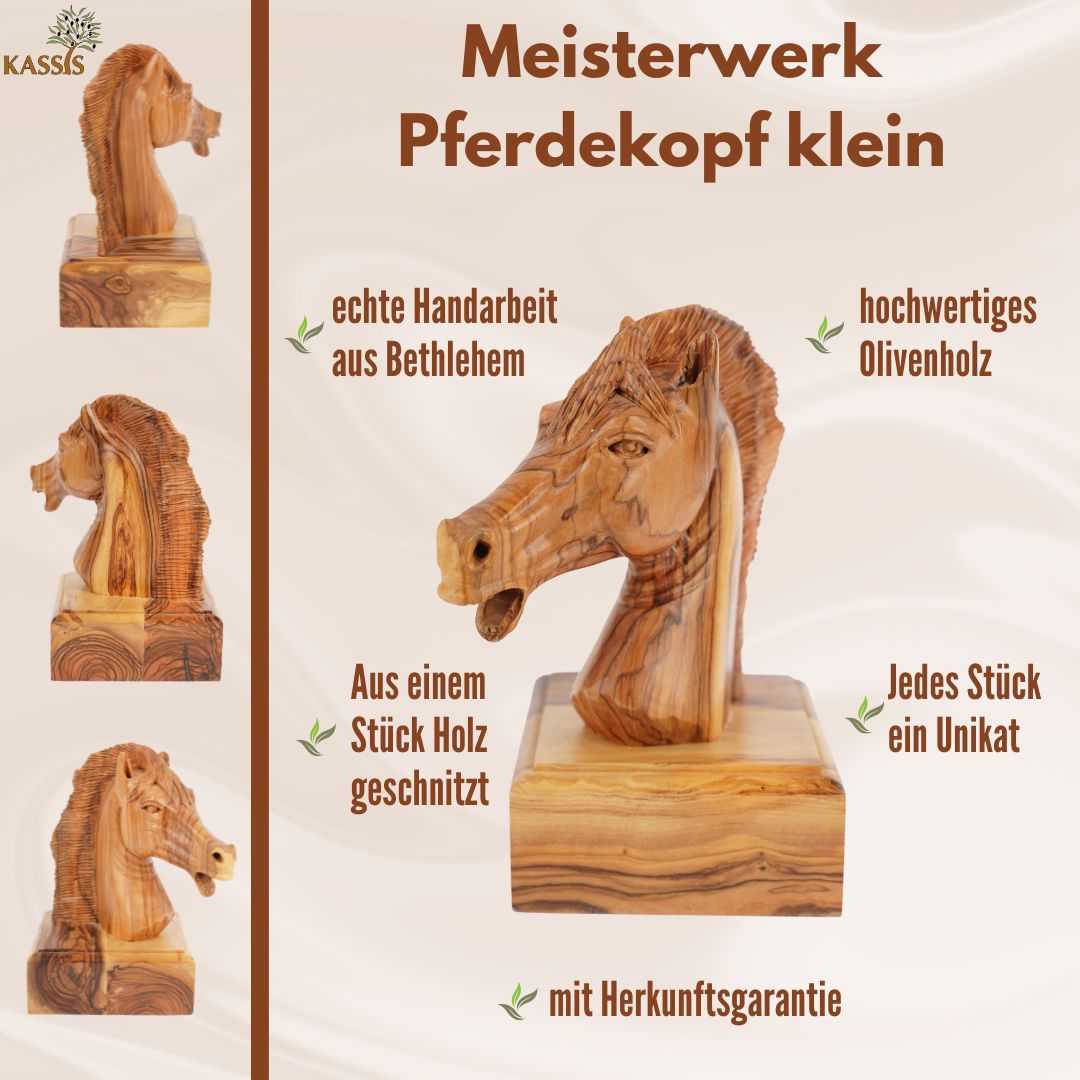 Handgeschnitzter Pferdekopf aus Olivenholz (klein) – Exklusive Holzskulptur aus Bethlehem (16 cm)-4