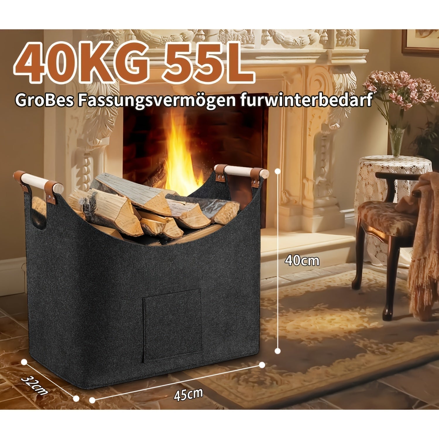 Wooden Firewood Basket with Blanket-4
