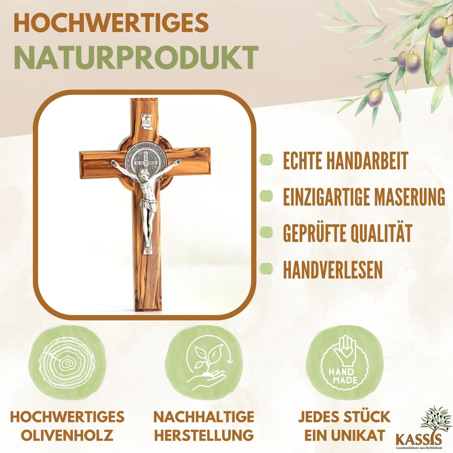 St. Benedikt Kreuz aus Olivenholz | Schutzkreuz als Wandkreuz & Geschenk zur Taufe, Kommunion oder Firmung-1
