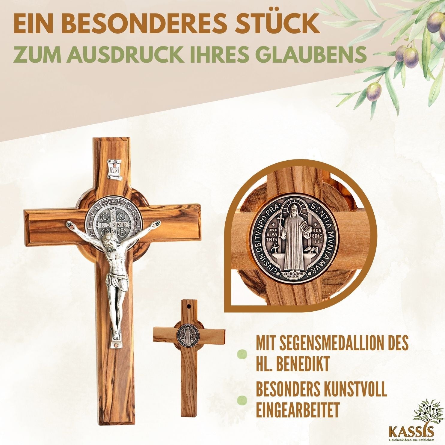 St. Benedikt Kreuz aus Olivenholz | Schutzkreuz als Wandkreuz & Geschenk zur Taufe, Kommunion oder Firmung-4