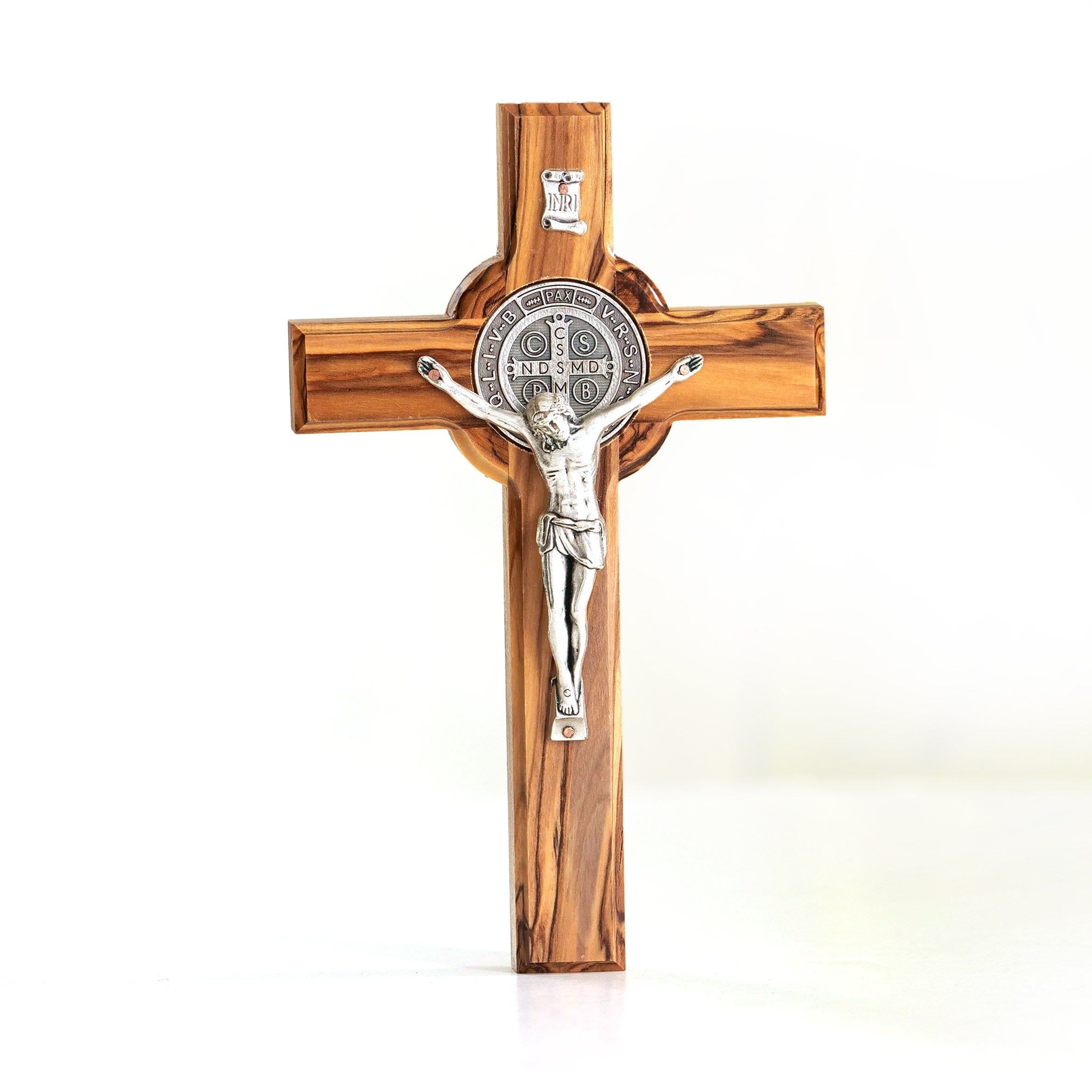 St. Benedikt Kreuz aus Olivenholz | Schutzkreuz als Wandkreuz & Geschenk zur Taufe, Kommunion oder Firmung-0