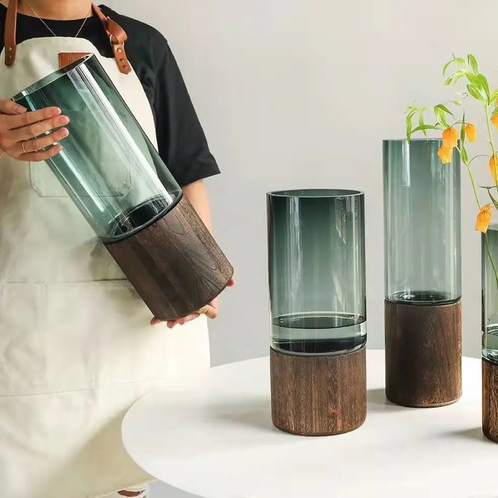 Elegant European Glass Vase with Wooden Base-3
