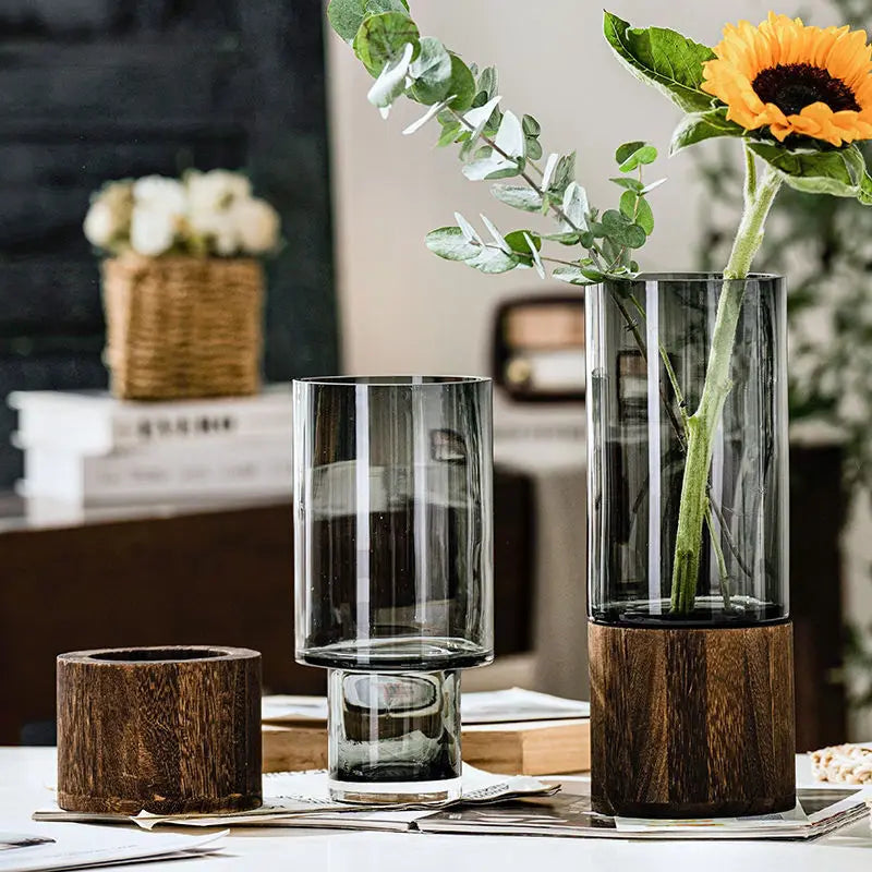 Elegant European Glass Vase with Wooden Base-2