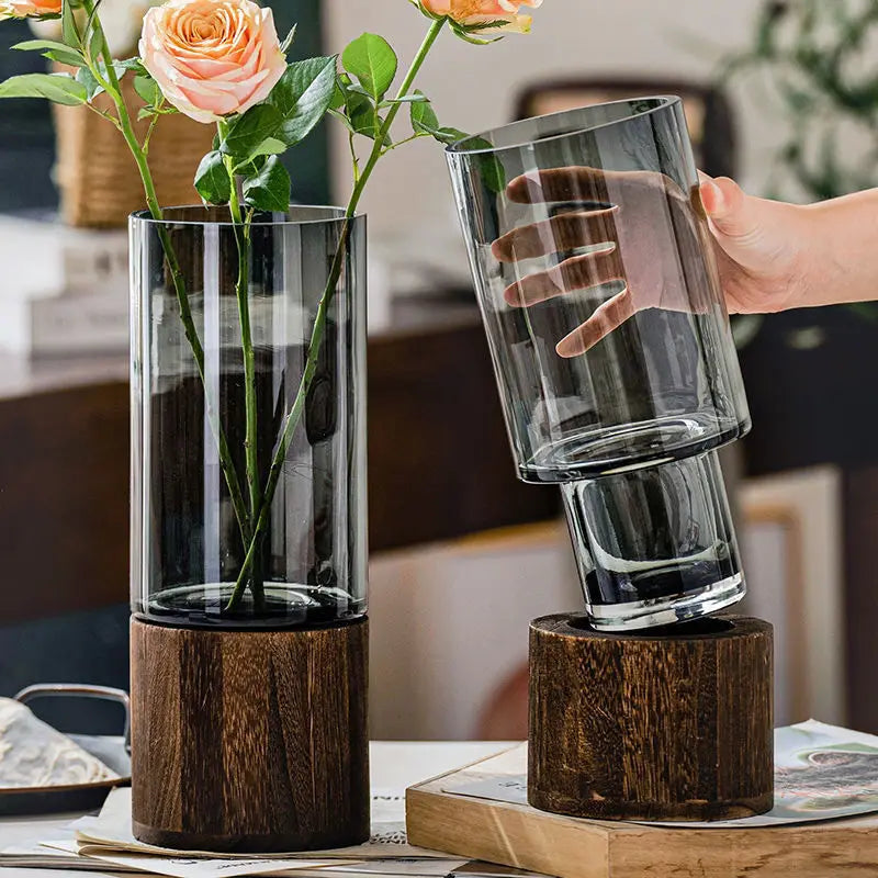 Elegant European Glass Vase with Wooden Base-1