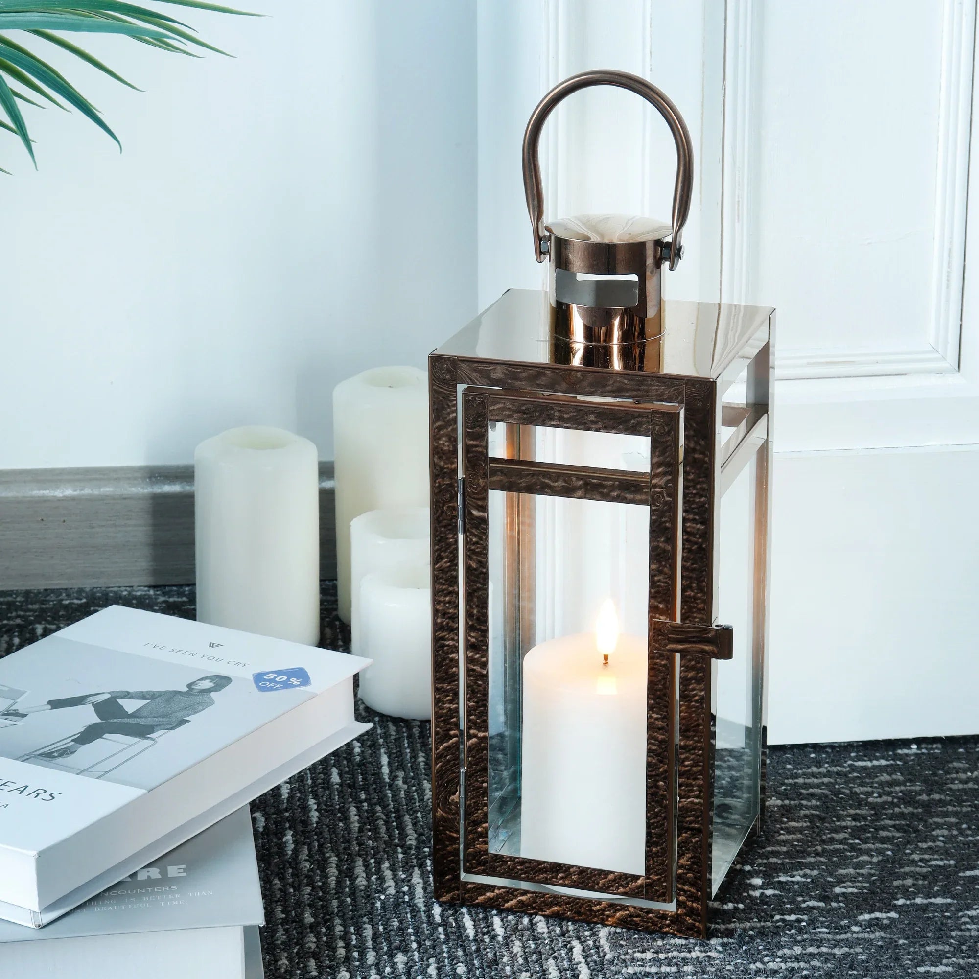 12'' High Metal Decorative Candle Lantern (Rose Gold)