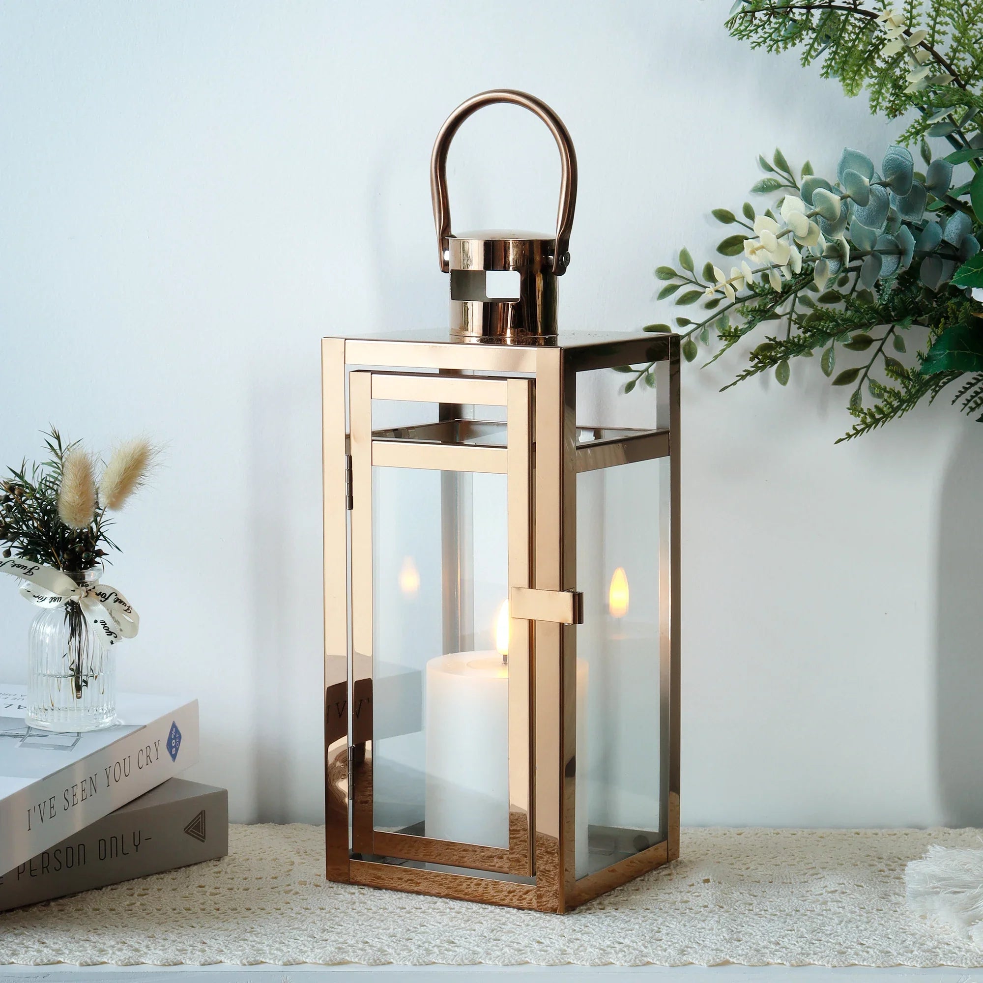 12'' High Metal Decorative Candle Lantern (Rose Gold)