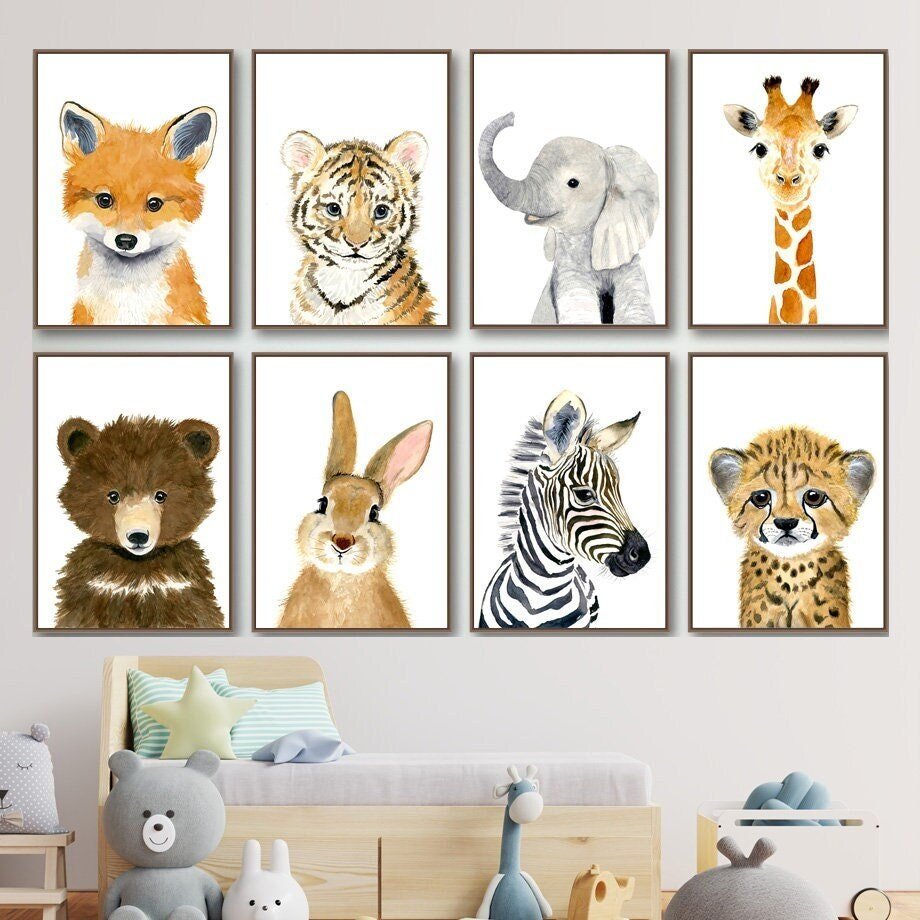 Poster Kinderzimmer Tiere Fuchs Elefant Bär Hase Zebra · Kinderzimmer Bilder · Wand Deko · Kunst Druck · Deko Print · ohne Rahmen-0